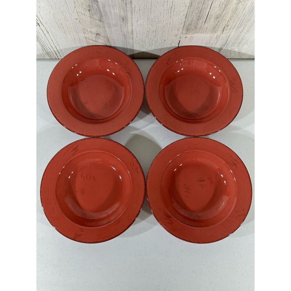 HOME Made In Italy‎ Rimmed Soup Bowl 8 1/2" Rustic Distressed Design Brick Red